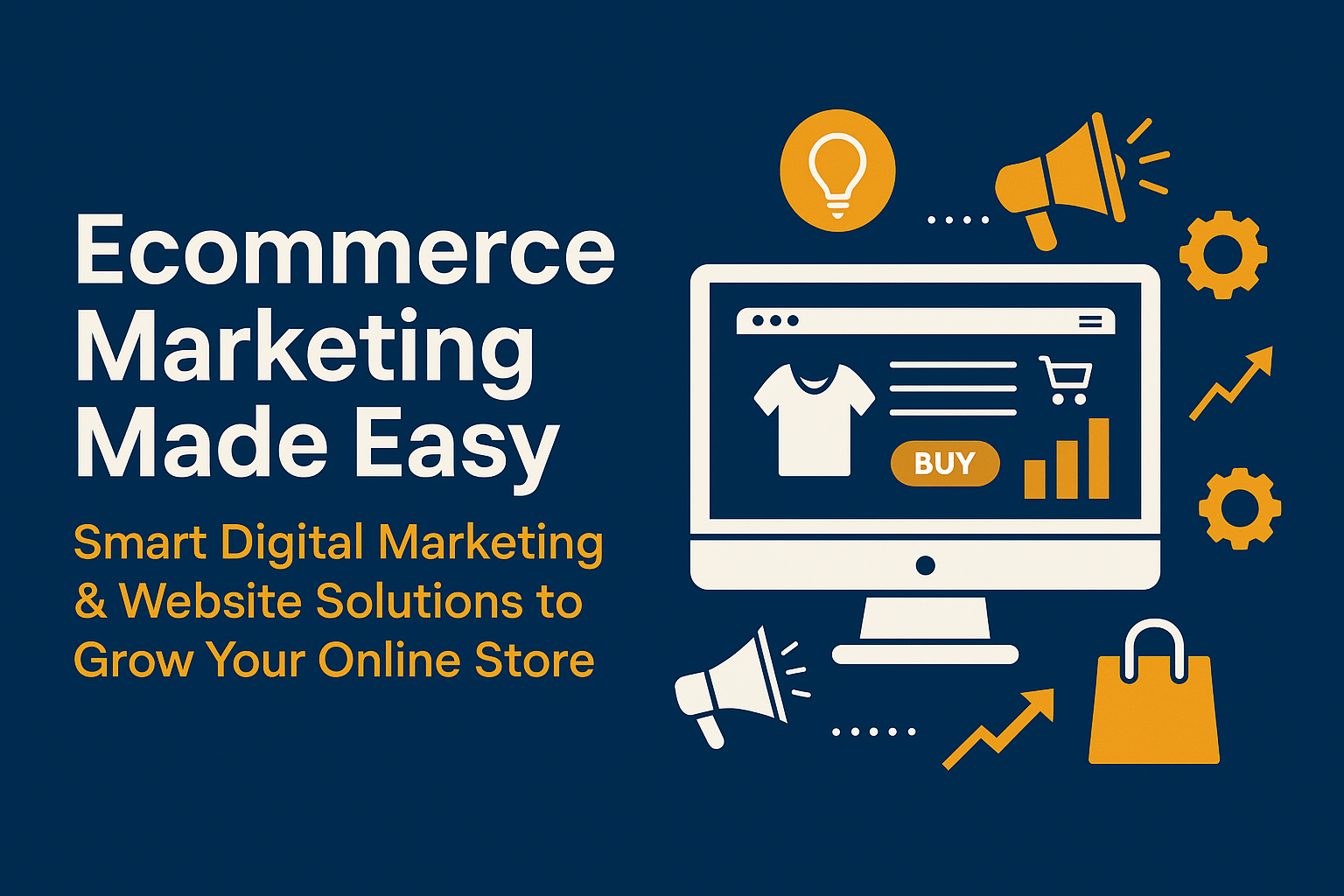 Digital banner showing “Ecommerce Marketing Made Easy” with visuals of computer screen, online store icons, and marketing symbols representing digital marketing for eCommerce.